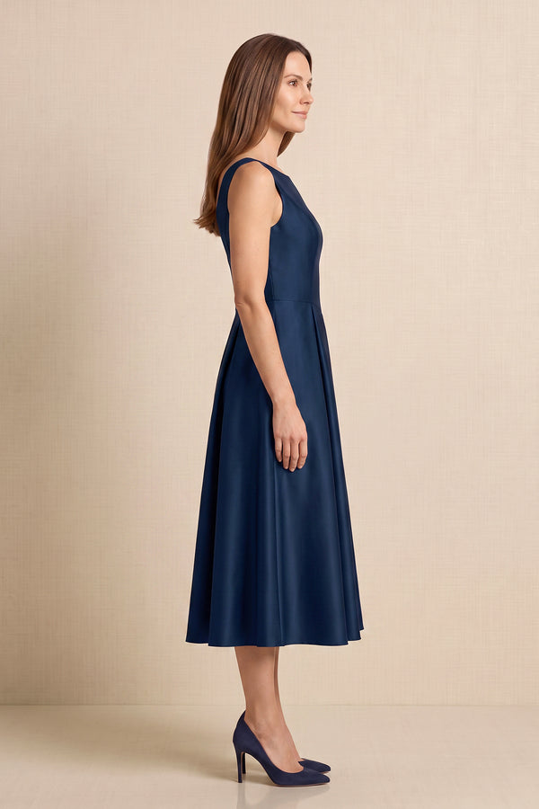 Dark Navy Linen A-Line Boat Neck Midi Mother of the Bride Dress (3) | KISSBRIDAL