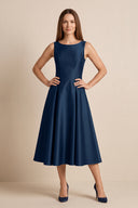 Dark Navy Linen A-Line Boat Neck Midi Mother of the Bride Dress | KISSBRIDAL