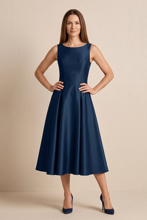 Dark Navy Linen A-Line Boat Neck Midi Mother of the Bride Dress | KISSBRIDAL