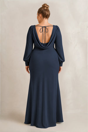 Dark Navy Long Sleeve V-Neck Sheath Chiffon Bridesmaid Dress (2) [sizeplus] | KISSBRIDAL
