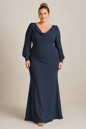 Dark Navy Long Sleeve V-Neck Sheath Chiffon Bridesmaid Dress [sizeplus] | KISSBRIDAL