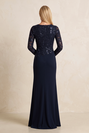 Dark Navy Long Sleeves Sheath Embroidered Linen Mother of the Bride Dress (2) | KISSBRIDAL
