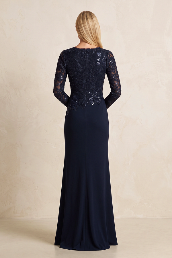 Dark Navy Long Sleeves Sheath Embroidered Linen Mother of the Bride Dress (2) | KISSBRIDAL
