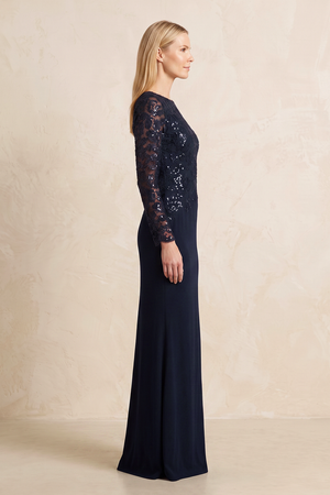 Dark Navy Long Sleeves Sheath Embroidered Linen Mother of the Bride Dress (3) | KISSBRIDAL