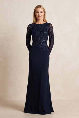 Dark Navy Long Sleeves Sheath Embroidered Linen Mother of the Bride Dress | KISSBRIDAL