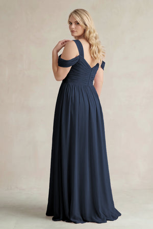 Dark Navy Off-the-Shoulder A-Line Chiffon Bridesmaid Dress With Slit (2) | KISSBRIDAL