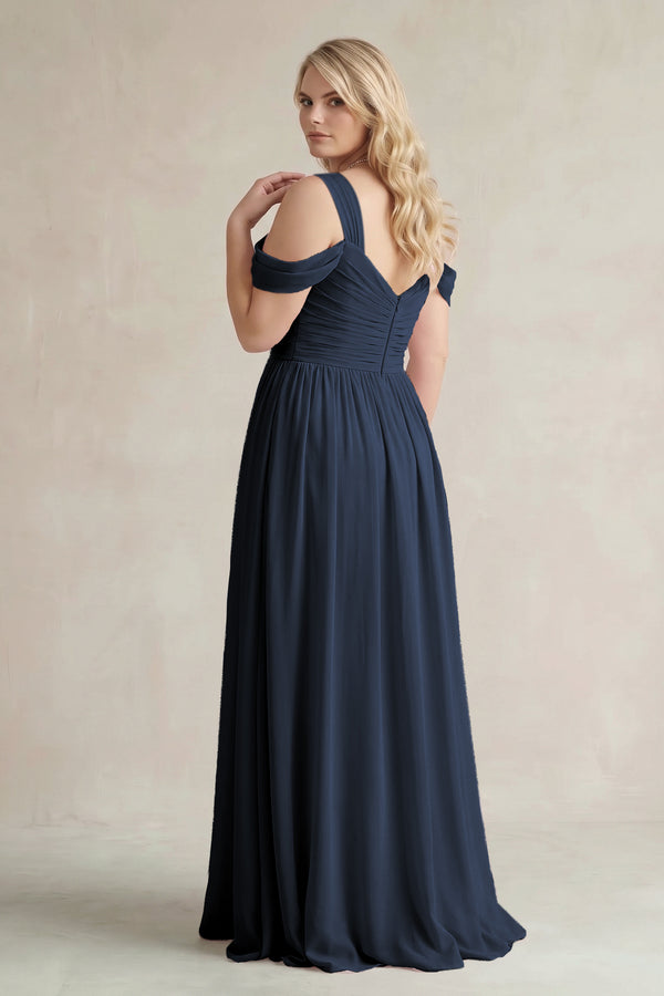 Dark Navy Off-the-Shoulder A-Line Chiffon Bridesmaid Dress With Slit (2) | KISSBRIDAL