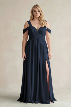 Dark Navy Off-the-Shoulder A-Line Chiffon Bridesmaid Dress With Slit | KISSBRIDAL