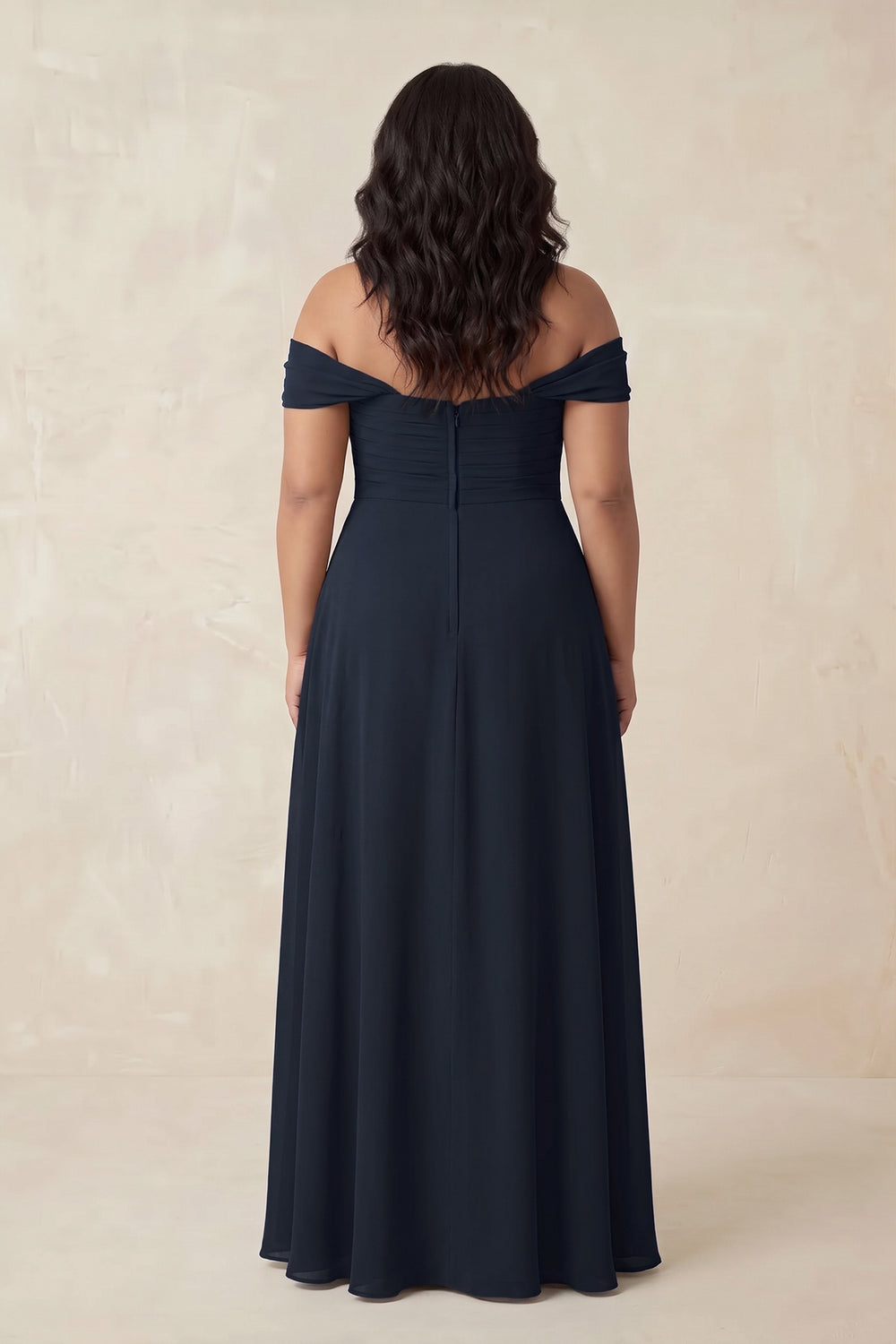 Off-the-Shoulder A-Line Chiffon Pleated Bridesmaid Dress in Dark Navy