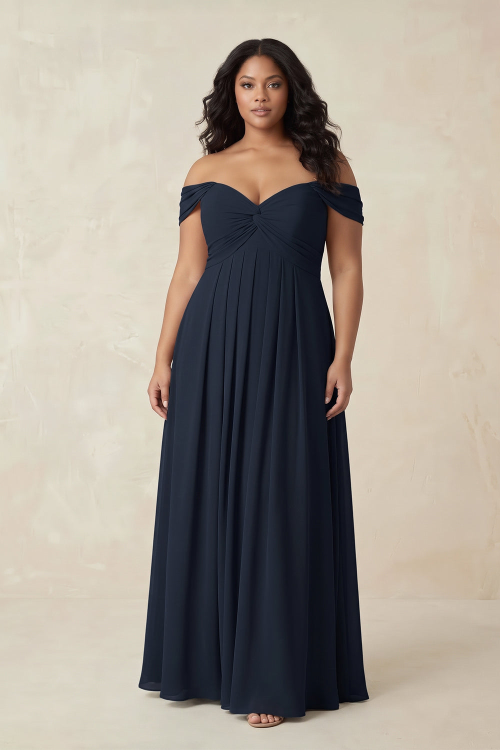Off-the-Shoulder A-Line Chiffon Pleated Bridesmaid Dress in Dark Navy