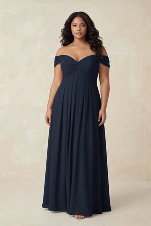 Dark Navy Off-the-Shoulder A-Line Chiffon Pleated Bridesmaid Dress [sizeplus] | KISSBRIDAL