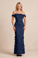 Dark Navy Off-the-Shoulder Embroidered Sheath Mother of the Bride Dress (2) | KISSBRIDAL