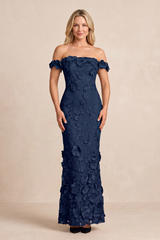 Dark Navy Off-the-Shoulder Embroidered Sheath Mother of the Bride Dress (2) | KISSBRIDAL