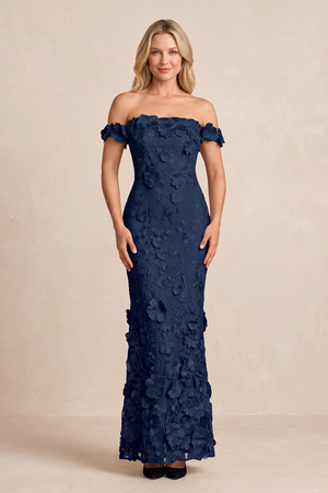 Dark Navy Off-the-Shoulder Embroidered Sheath Mother of the Bride Dress (2) | KISSBRIDAL