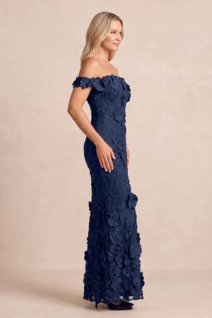 Dark Navy Off-the-Shoulder Embroidered Sheath Mother of the Bride Dress (3) | KISSBRIDAL