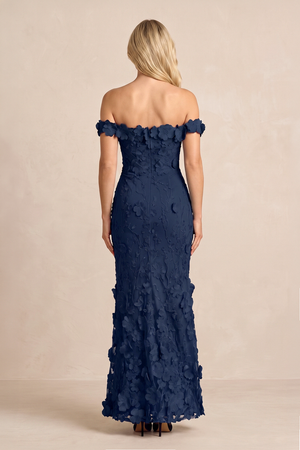 Dark Navy Off-the-Shoulder Embroidered Sheath Mother of the Bride Dress | KISSBRIDAL