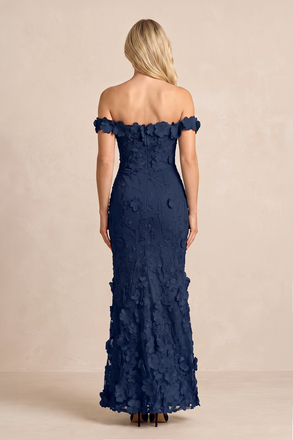 Dark Navy Off-the-Shoulder Embroidered Sheath Mother of the Bride Dress | KISSBRIDAL