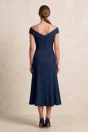 Dark Navy Off-the-Shoulder Sheath Jacquard Midi Mother of the Bride Dress (2) | KISSBRIDAL