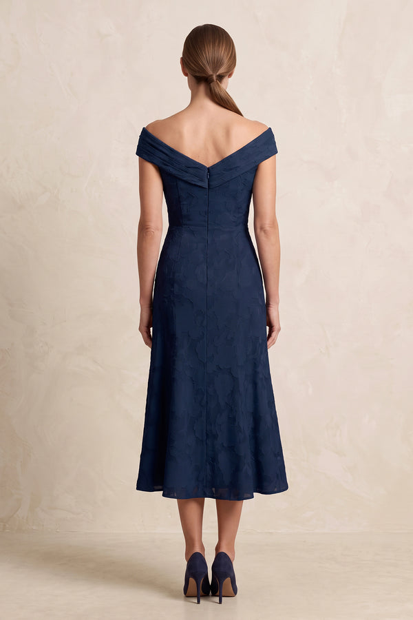 Dark Navy Off-the-Shoulder Sheath Jacquard Midi Mother of the Bride Dress (2) | KISSBRIDAL