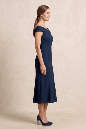 Dark Navy Off-the-Shoulder Sheath Jacquard Midi Mother of the Bride Dress (3) | KISSBRIDAL