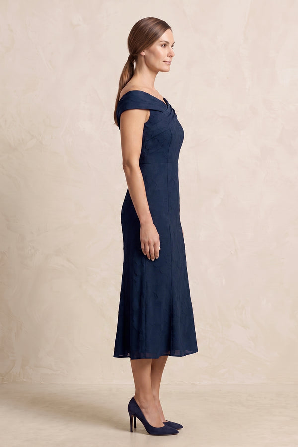 Dark Navy Off-the-Shoulder Sheath Jacquard Midi Mother of the Bride Dress (3) | KISSBRIDAL