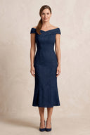 Dark Navy Off-the-Shoulder Sheath Jacquard Midi Mother of the Bride Dress | KISSBRIDAL
