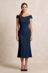 Dark Navy Off-the-Shoulder Sheath Jacquard Midi Mother of the Bride Dress | KISSBRIDAL