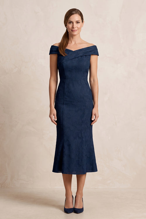 Dark Navy Off-the-Shoulder Sheath Jacquard Midi Mother of the Bride Dress | KISSBRIDAL