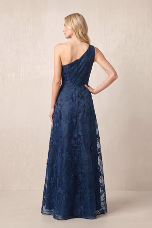 Dark Navy One-Shoulder A-Line Embroidered Tulle Mother of the Bride Dress (2) | KISSBRIDAL
