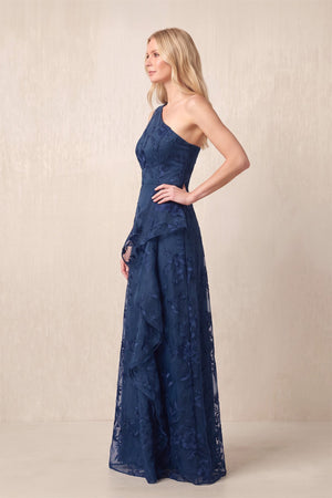 Dark Navy One-Shoulder A-Line Embroidered Tulle Mother of the Bride Dress (3) | KISSBRIDAL