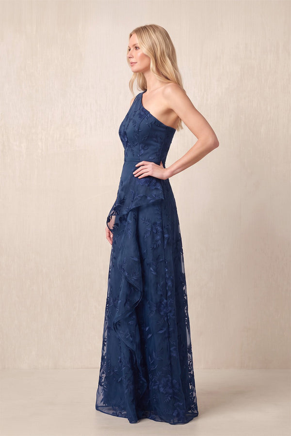 Dark Navy One-Shoulder A-Line Embroidered Tulle Mother of the Bride Dress (3) | KISSBRIDAL