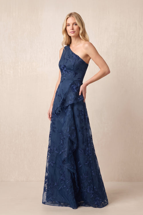 Dark Navy One-Shoulder A-Line Embroidered Tulle Mother of the Bride Dress | KISSBRIDAL
