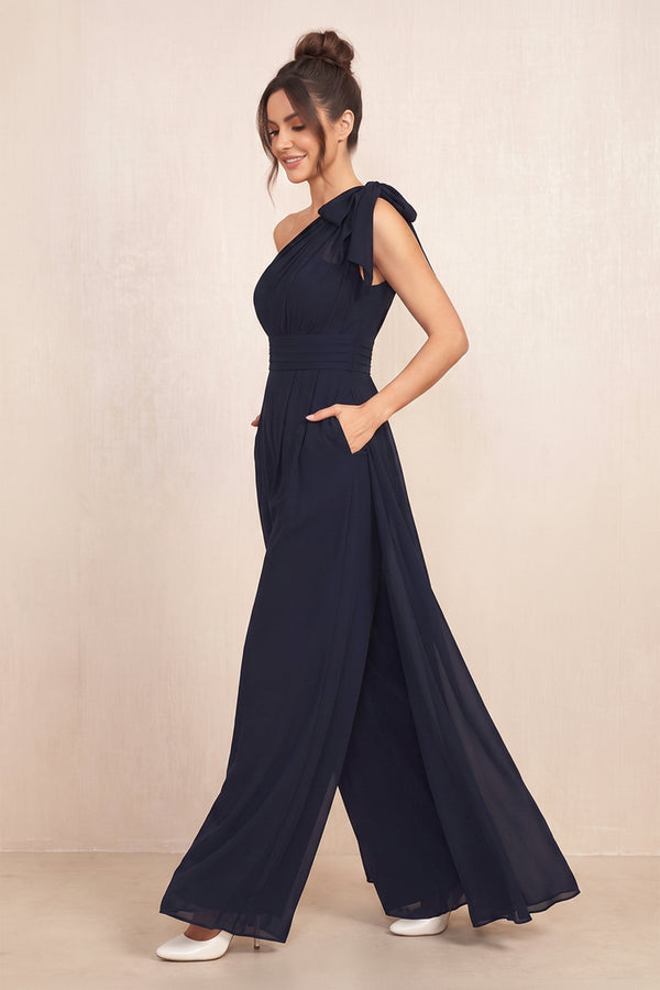 Dark Navy One-Shoulder Chiffon Mother of the Bride Jumpsuits (3) | KISSBRIDAL