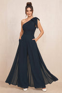 Dark Navy One-Shoulder Chiffon Mother of the Bride Jumpsuits | KISSBRIDAL