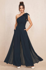 Dark Navy One-Shoulder Chiffon Mother of the Bride Jumpsuits | KISSBRIDAL