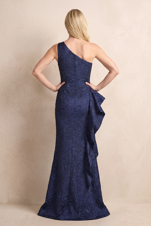 Dark Navy One-Shoulder Jacquard Sheath Mother of the Bride Dress With Slit (2) | KISSBRIDAL