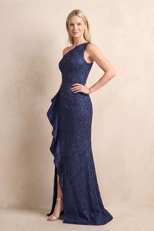 Dark Navy One-Shoulder Jacquard Sheath Mother of the Bride Dress With Slit (3) | KISSBRIDAL