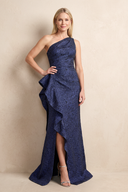Dark Navy One-Shoulder Jacquard Sheath Mother of the Bride Dress With Slit | KISSBRIDAL