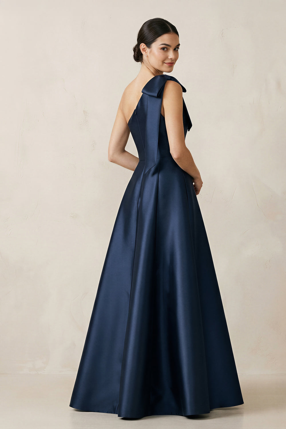 One-Shoulder Satin A-Line Bridesmaid Dress with Bow in Dark Navy