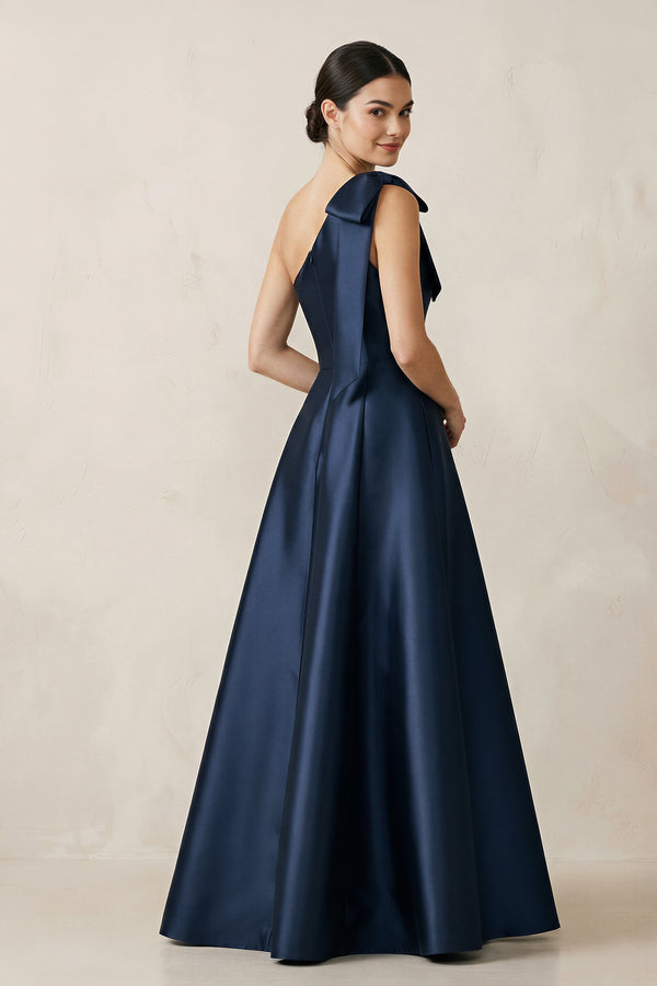 Dark Navy One-Shoulder Satin A-Line Bridesmaid Dress with Bow (2) | KISSBRIDAL