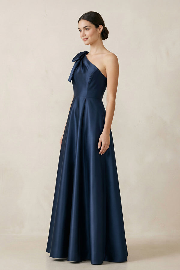 Dark Navy One-Shoulder Satin A-Line Bridesmaid Dress with Bow (3) | KISSBRIDAL