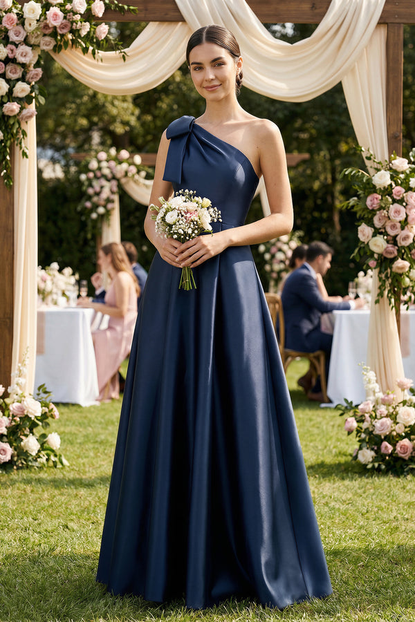 Dark Navy One-Shoulder Satin A-Line Bridesmaid Dress with Bow (4) | KISSBRIDAL