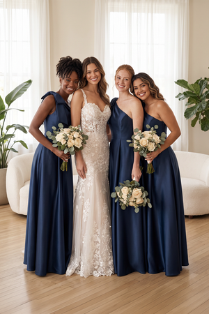 Dark Navy One-Shoulder Satin A-Line Bridesmaid Dress with Bow (5) | KISSBRIDAL