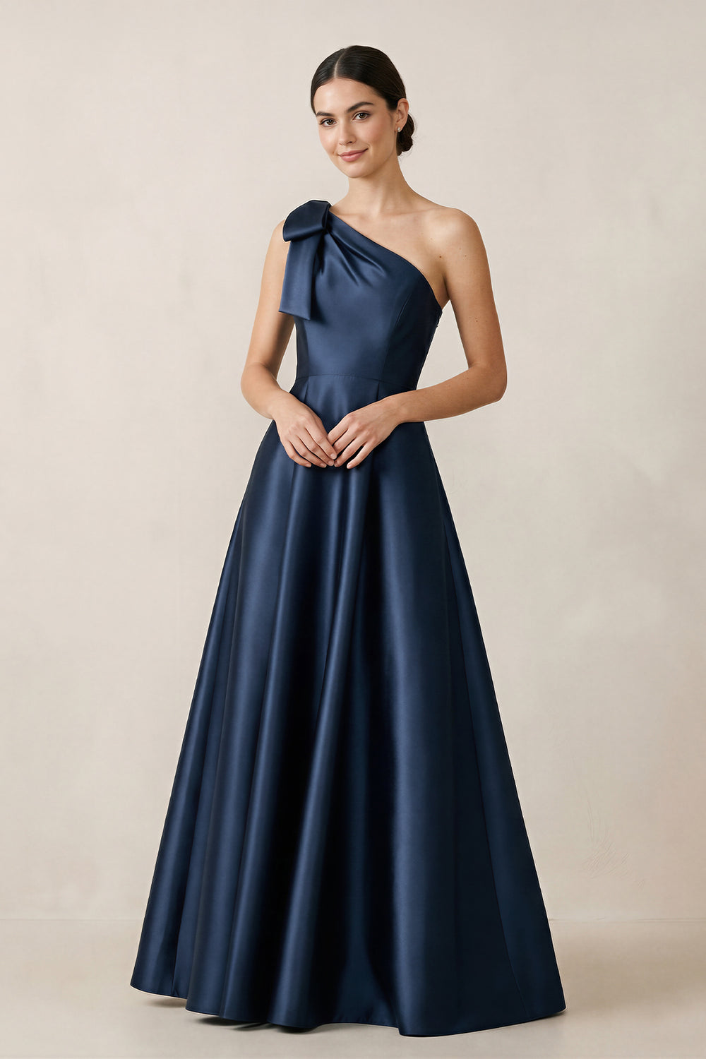 One-Shoulder Satin A-Line Bridesmaid Dress with Bow in Dark Navy