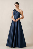 Dark Navy One-Shoulder Satin A-Line Bridesmaid Dress with Bow | KISSBRIDAL