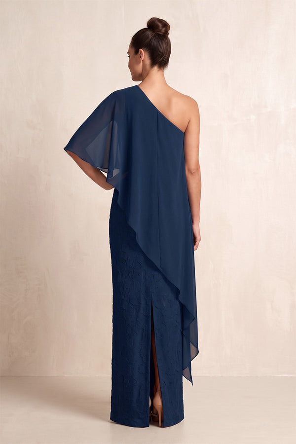 Dark Navy One-Shoulder Sheath Jacquard Cape Sleeves Mother of the Bride Dress (2) | KISSBRIDAL