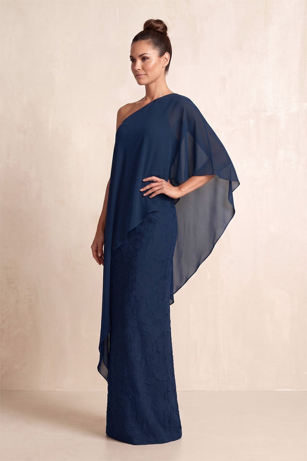Dark Navy One-Shoulder Sheath Jacquard Cape Sleeves Mother of the Bride Dress (3) | KISSBRIDAL