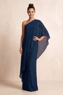 Dark Navy One-Shoulder Sheath Jacquard Cape Sleeves Mother of the Bride Dress | KISSBRIDAL