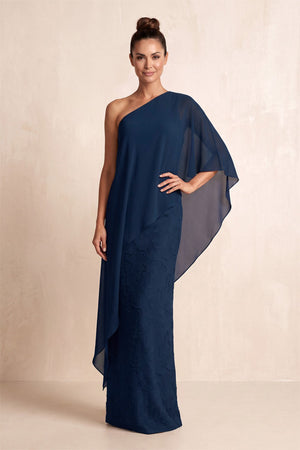 Dark Navy One-Shoulder Sheath Jacquard Cape Sleeves Mother of the Bride Dress | KISSBRIDAL