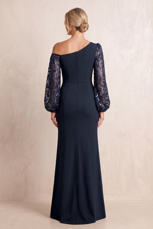 Dark Navy One-Shoulder Sheath Matte Satin Mother of the Bride Dress With Sleeves (2) | KISSBRIDAL